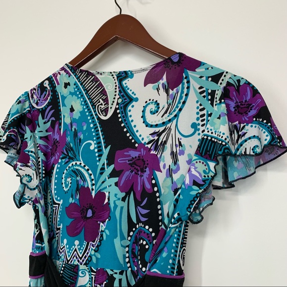 Rare Vintage Y2K Blue & Purple Paisley Floral V-Neck Dress Metal Jewel Waist - Picture 8 of 13